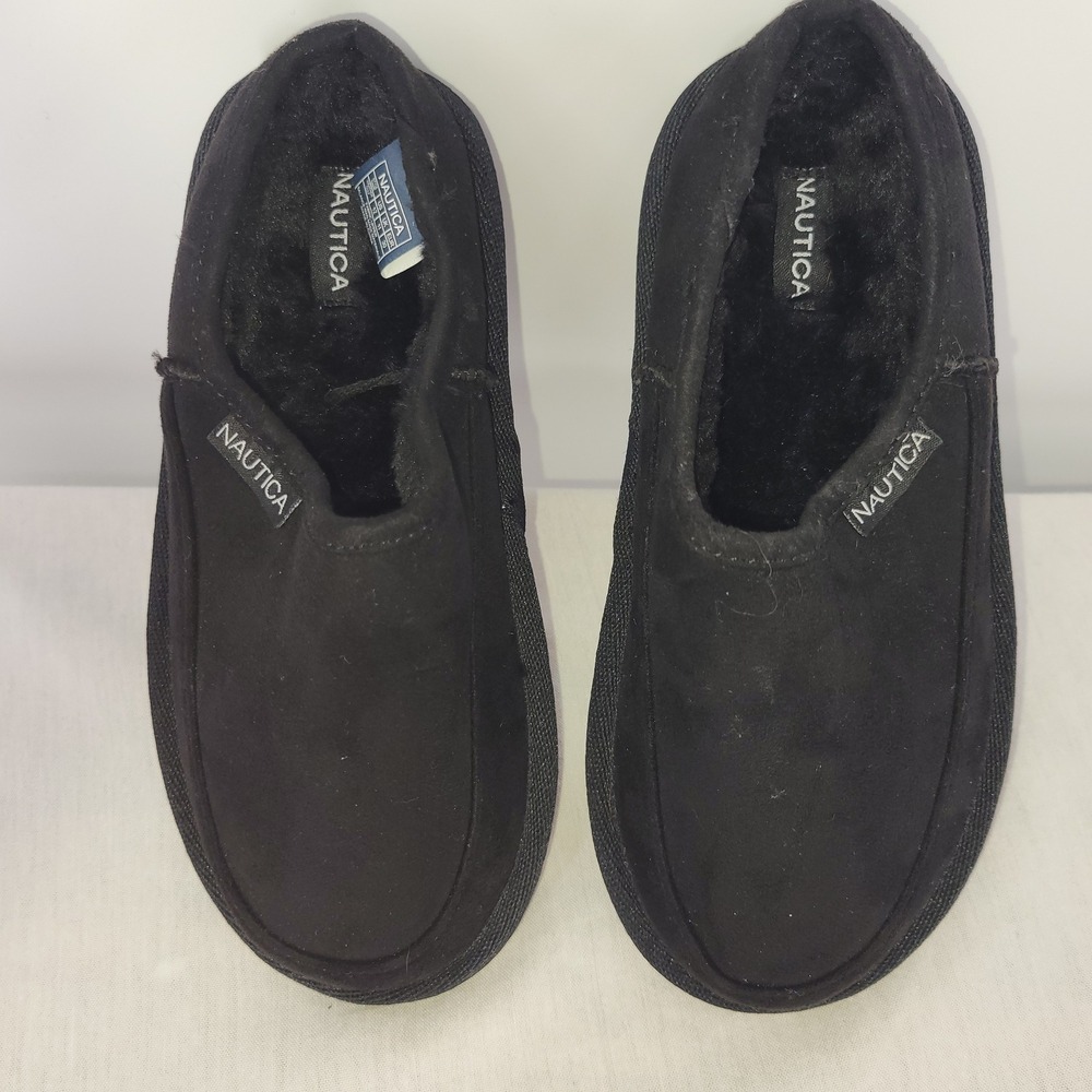 Nautica Kids Black Faux Fur Lined‎ Slip On Moccasin Slippers